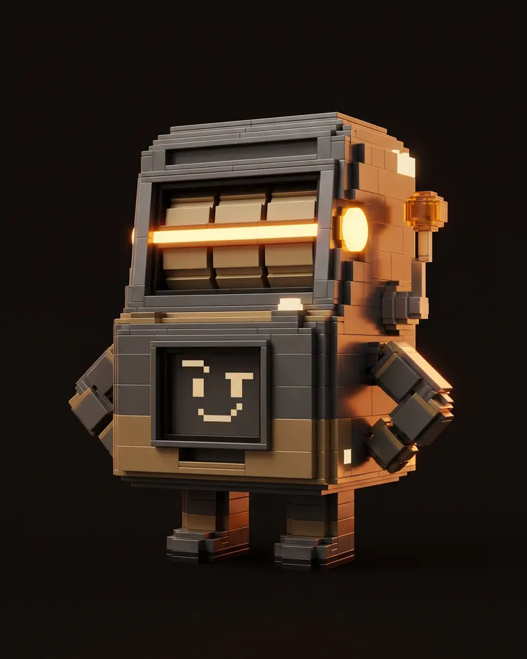 Payline mascot — a voxel slot machine character with an amber payline across its reels